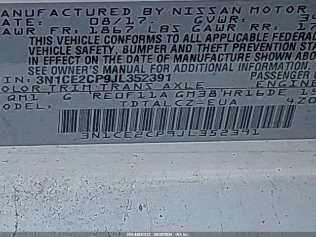 2018 Nissan Versa Note S მანქანა იყიდება აუქციონზე, vin: 3N1CE2CP9JL352391, აუქციონის ნომერი: 45940853