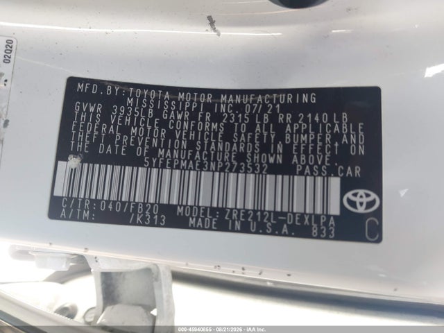 Aukcja sprzedaży 2022 Toyota Corolla Le, vin: 5YFEPMAE3NP273532, numer aukcji: 45940855