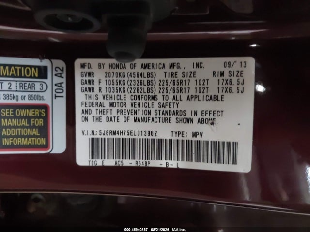 Продаж на аукціоні авто 2014 Honda Cr-v Ex-l, vin: 5J6RM4H75EL013962, номер лоту: 45940857