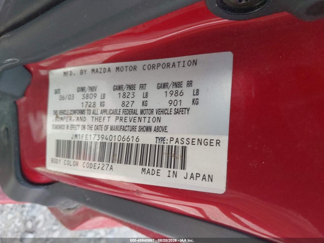 45940867 :رقم المزاد ، JM1FE173940106616 vin ، 2004 Mazda Rx-8 6 Speed Manual مزاد بيع