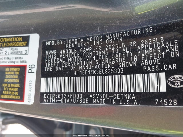 Aukcja sprzedaży 2014 Toyota Camry Le, vin: 4T1BF1FK3EU835303, numer aukcji: 45940878