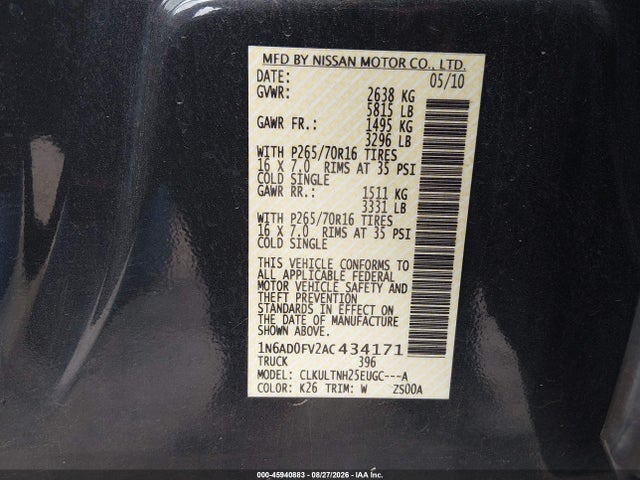 45940883 :رقم المزاد ، 1N6AD0FV2AC434171 vin ، 2010 Nissan Frontier Se مزاد بيع