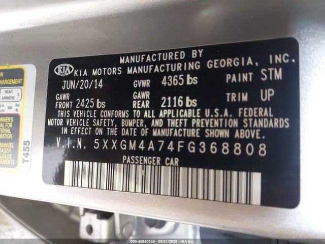 2015 Kia Optima Lx მანქანა იყიდება აუქციონზე, vin: 5XXGM4A74FG368808, აუქციონის ნომერი: 45940886