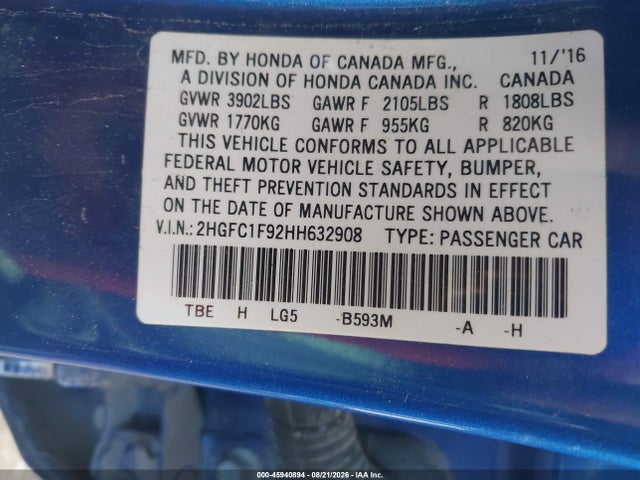 45940894 :رقم المزاد ، 2HGFC1F92HH632908 vin ، 2017 Honda Civic Touring مزاد بيع