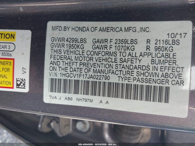 45940895 :رقم المزاد ، 1HGCV1F17JA022790 vin ، 2018 Honda Accord Lx مزاد بيع