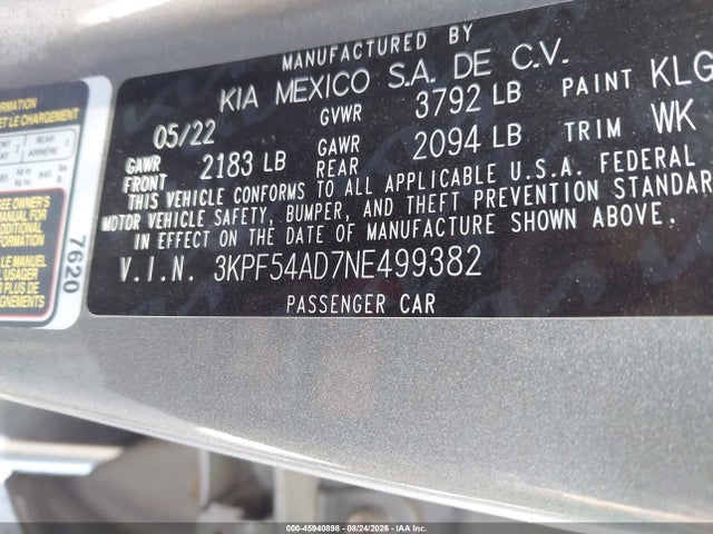 Aukcja sprzedaży 2022 Kia Forte Gt-line, vin: 3KPF54AD7NE499382, numer aukcji: 45940898