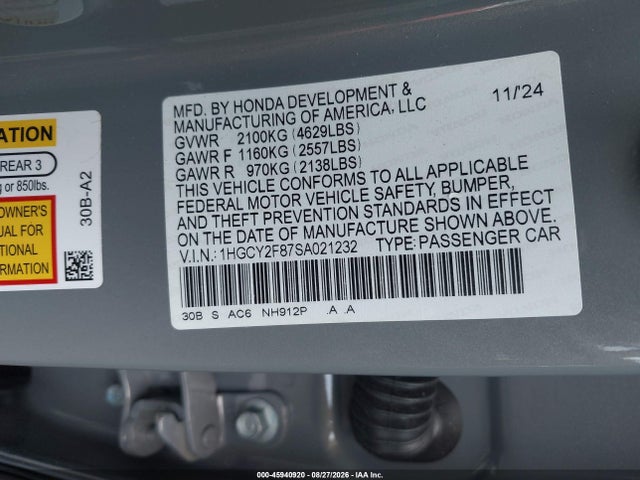 Aukcja sprzedaży 2025 Honda Accord Hybrid Touring, vin: 1HGCY2F87SA021232, numer aukcji: 45940920