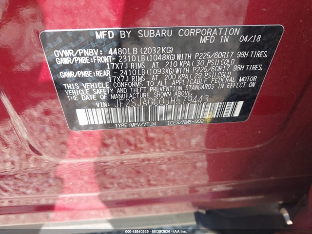 Aukcja sprzedaży 2018 Subaru Forester 2.5i Premium, vin: JF2SJAGC0JH579443, numer aukcji: 45940935