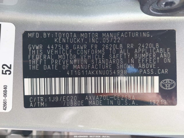 Продажа на аукционе авто 2022 Toyota Camry Se Nightshade Edition, vin: 4T1G11AKXNU054998, номер лота: 45940959