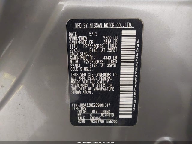 Продаж на аукціоні авто 2013 Infiniti Qx56, vin: JN8AZ2NE2D9061317, номер лоту: 45940965