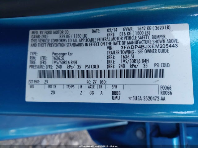 45940972 :رقم المزاد ، 3FADP4BJXEM205443 vin ، 2014 Ford Fiesta Se مزاد بيع