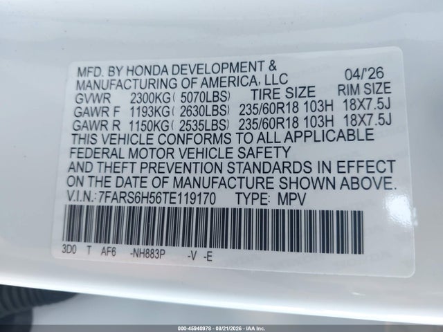 Aukcja sprzedaży 2026 Honda Cr-v Hybrid Awd Sport, vin: 7FARS6H56TE119170, numer aukcji: 45940978