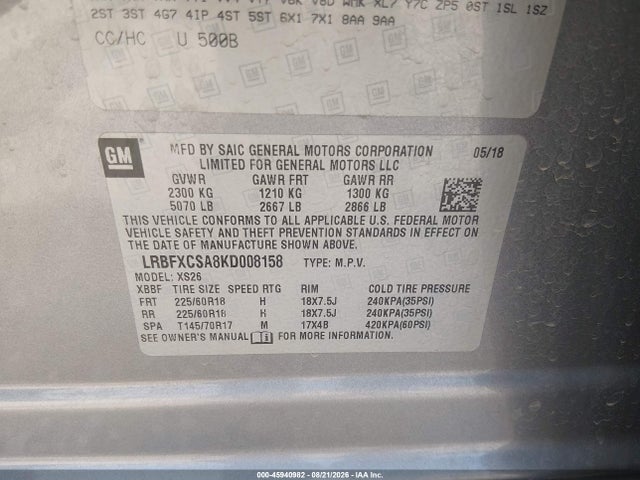 Продаж на аукціоні авто 2019 Buick Envision Fwd Essence, vin: LRBFXCSA8KD008158, номер лоту: 45940982