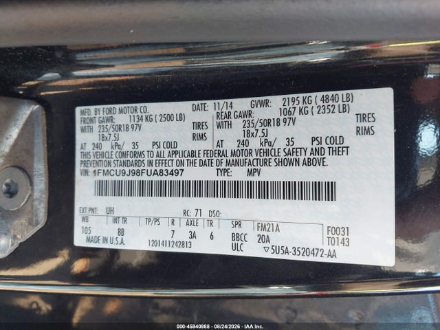 Продаж на аукціоні авто 2015 Ford Escape Titanium, vin: 1FMCU9J98FUA83497, номер лоту: 45940988
