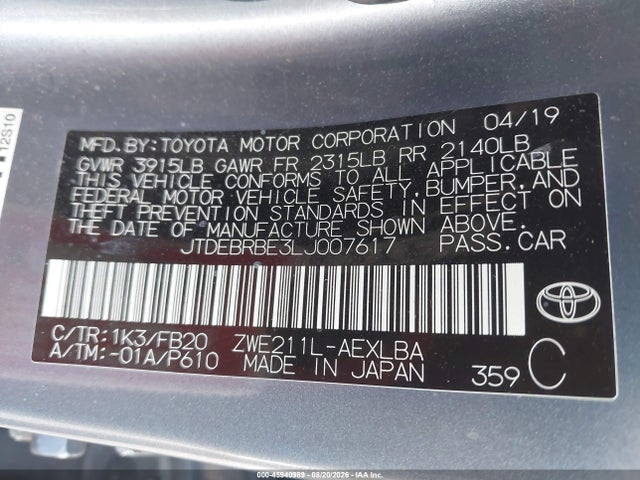 Aukcja sprzedaży 2020 Toyota Corolla Hybrid Le, vin: JTDEBRBE3LJ007617, numer aukcji: 45940989