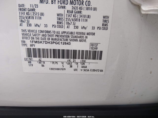 2023 Ford Explorer Xlt მანქანა იყიდება აუქციონზე, vin: 1FMSK7DH3PGC12643, აუქციონის ნომერი: 45941004