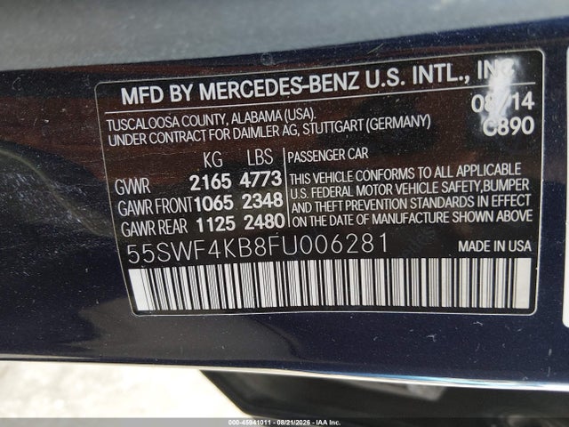 45941011 :رقم المزاد ، 55SWF4KB8FU006281 vin ، 2015 Mercedes-benz C 300 Luxury 4matic مزاد بيع