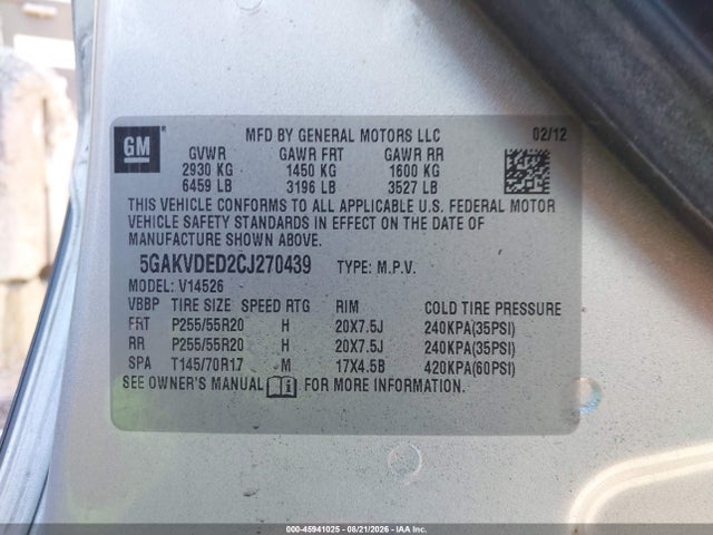 45941025 :رقم المزاد ، 5GAKVDED2CJ270439 vin ، 2012 Buick Enclave Premium مزاد بيع
