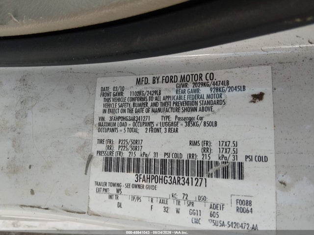 45941043 :رقم المزاد ، 3FAHP0HG3AR341271 vin ، 2010 Ford Fusion Se مزاد بيع