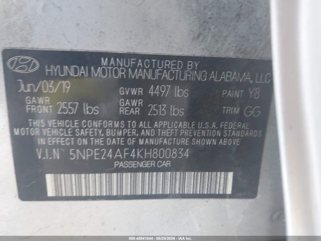 5NPE24AF4KH800834 Hyundai SONATA SE