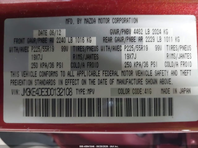 45941046 :رقم المزاد ، JM3KE4DE3D0132108 vin ، 2013 Mazda Cx-5 Grand Touring مزاد بيع