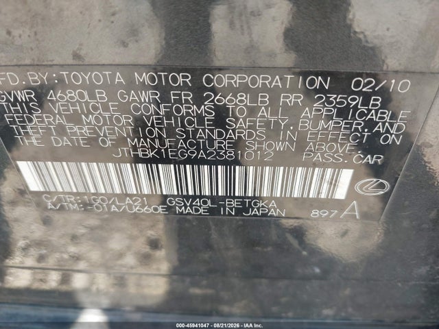 Продаж на аукціоні авто 2010 Lexus Es 350, vin: JTHBK1EG9A2381012, номер лоту: 45941047