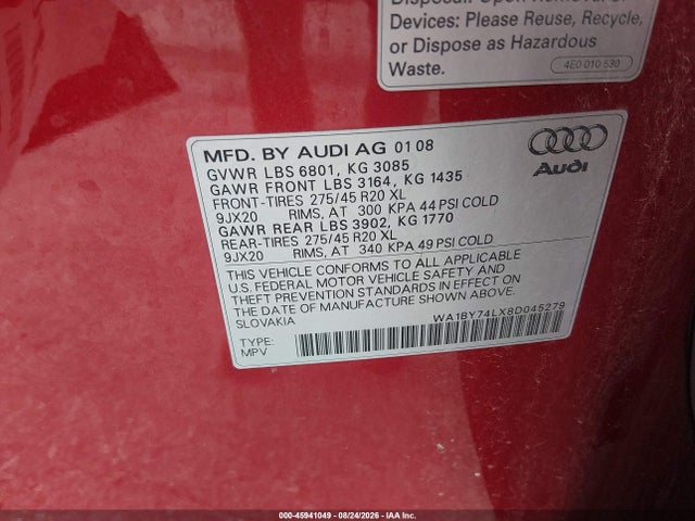 Продаж на аукціоні авто 2008 Audi Q7 3.6 Premium, vin: WA1BY74LX8D045279, номер лоту: 45941049