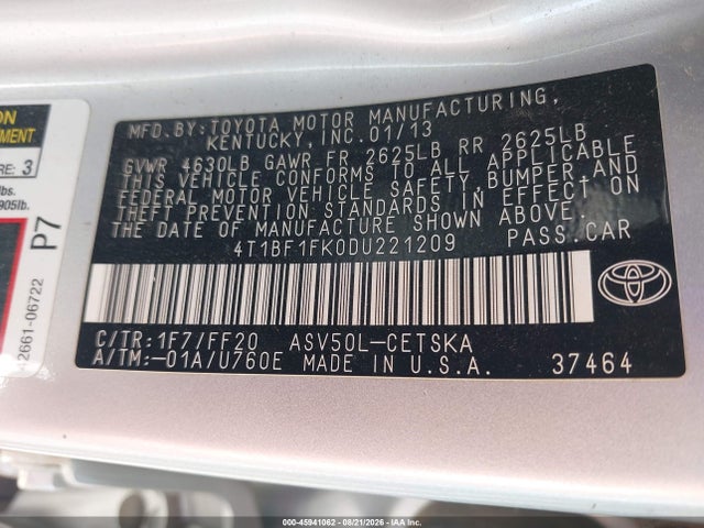 45941062 :رقم المزاد ، 4T1BF1FK0DU221209 vin ، 2013 Toyota Camry Se مزاد بيع