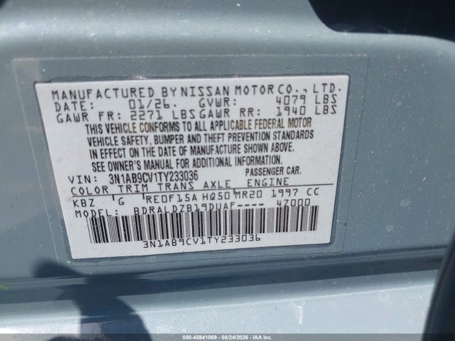 2026 Nissan Sentra Sv მანქანა იყიდება აუქციონზე, vin: 3N1AB9CV1TY233036, აუქციონის ნომერი: 45941069