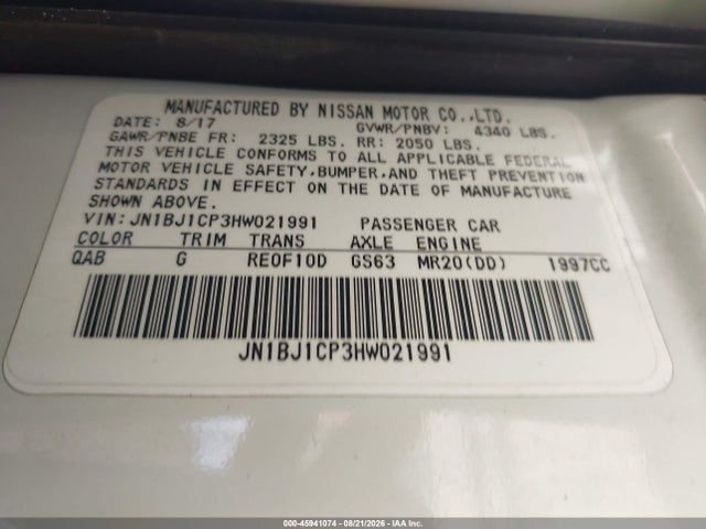 45941074 :رقم المزاد ، JN1BJ1CP3HW021991 vin ، 2017 Nissan Rogue Sport Sv مزاد بيع