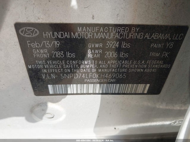 Продаж на аукціоні авто 2019 Hyundai Elantra Se, vin: 5NPD74LF0KH469065, номер лоту: 45941084