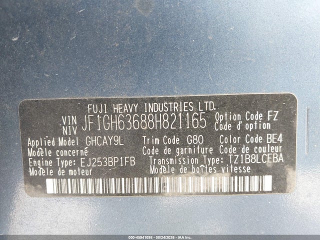 45941098 :رقم المزاد ، JF1GH63688H821165 vin ، 2008 Subaru Impreza Outback Sport مزاد بيع
