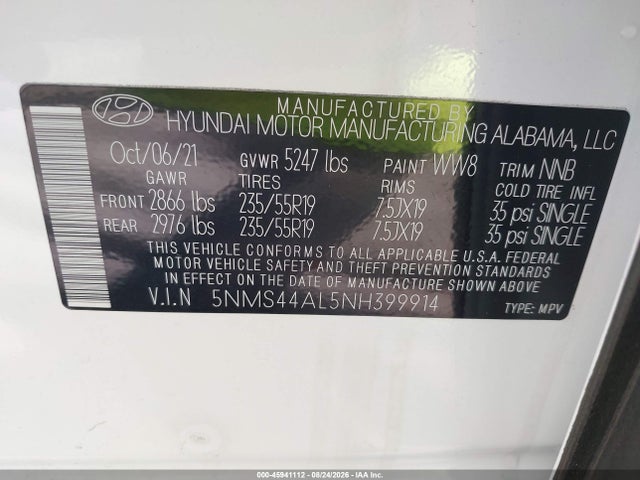 Продаж на аукціоні авто 2022 Hyundai Santa Fe Limited, vin: 5NMS44AL5NH399914, номер лоту: 45941112