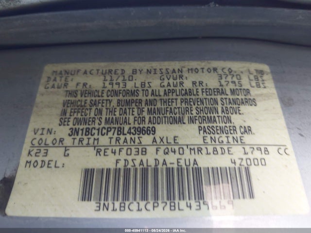 Aukcja sprzedaży 2011 Nissan Versa 1.8s, vin: 3N1BC1CP7BL439669, numer aukcji: 45941113