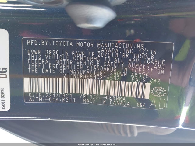 Aukcja sprzedaży 2017 Toyota Corolla Le, vin: 2T1BURHE5HC814597, numer aukcji: 45941131