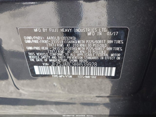 45941148 :رقم المزاد ، JF2SJABC9HH539928 vin ، 2017 Subaru Forester 2.5i مزاد بيع