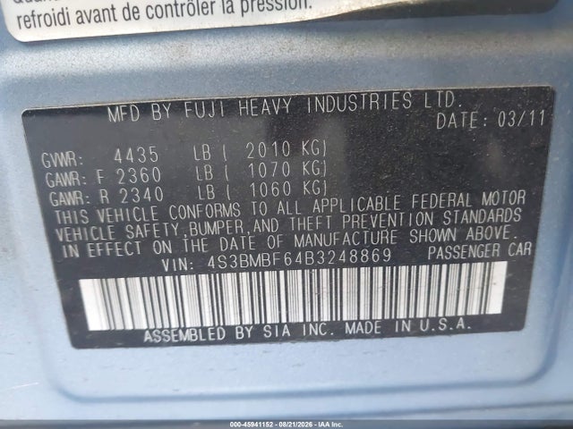 2011 Subaru Legacy 2.5i Premium მანქანა იყიდება აუქციონზე, vin: 4S3BMBF64B3248869, აუქციონის ნომერი: 45941152
