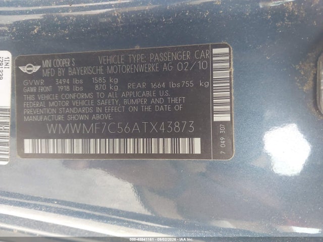 Продажа на аукционе авто 2010 Mini Cooper S, vin: WMWMF7C56ATX43873, номер лота: 45941161
