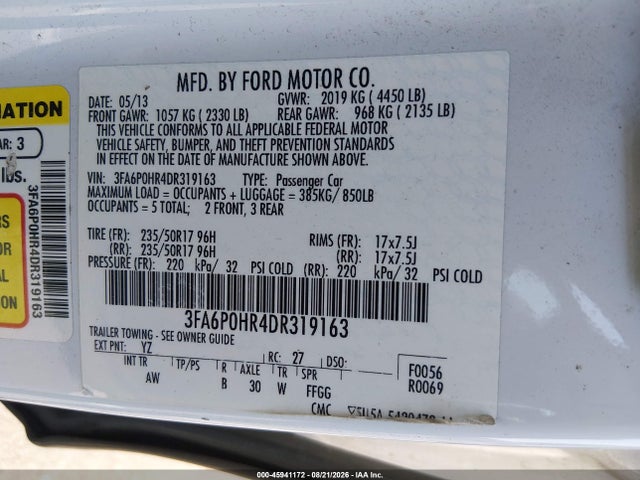 Продаж на аукціоні авто 2013 Ford Fusion Se, vin: 3FA6P0HR4DR319163, номер лоту: 45941172