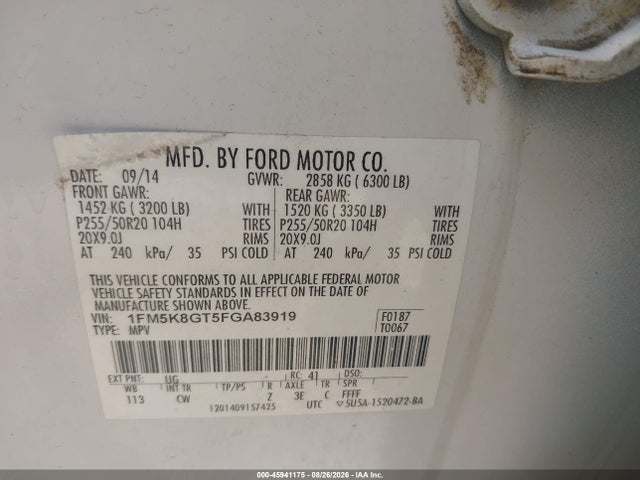 45941175 :رقم المزاد ، 1FM5K8GT5FGA83919 vin ، 2015 Ford Explorer Sport مزاد بيع