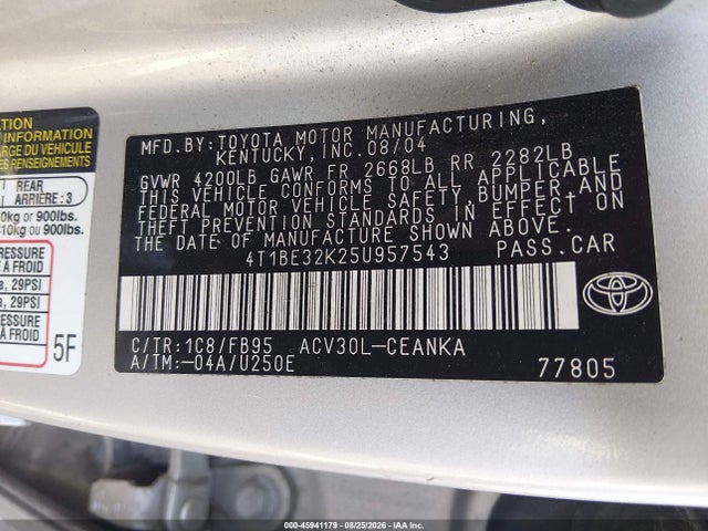 Продажа на аукционе авто 2005 Toyota Camry Le, vin: 4T1BE32K25U957543, номер лота: 45941179