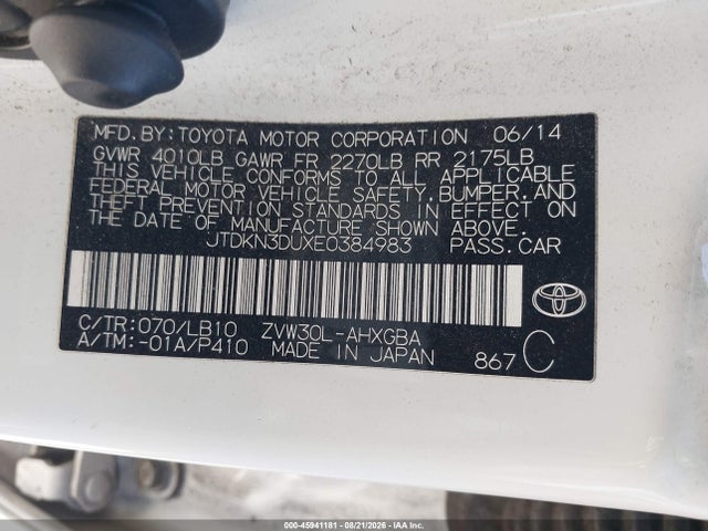 JTDKN3DUXE0384983 Toyota Prius Four