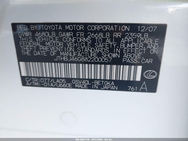 Продажа на аукционе авто 2008 Lexus Es 350, vin: JTHBJ46G882200057, номер лота: 45941186