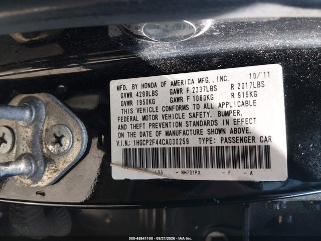 Aukcja sprzedaży 2012 Honda Accord 2.4 Lx-p, vin: 1HGCP2F44CA030259, numer aukcji: 45941190