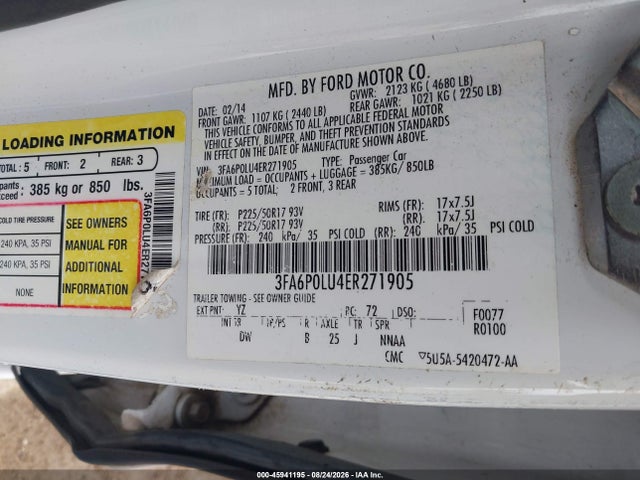 45941195 :رقم المزاد ، 3FA6P0LU4ER271905 vin ، 2014 Ford Fusion Hybrid Se مزاد بيع