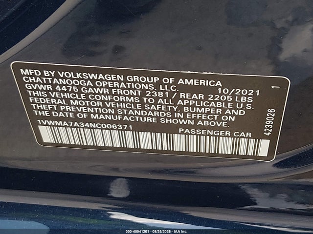 Aukcja sprzedaży 2022 Volkswagen Passat 2.0t R-line, vin: 1VWMA7A34NC006371, numer aukcji: 45941201