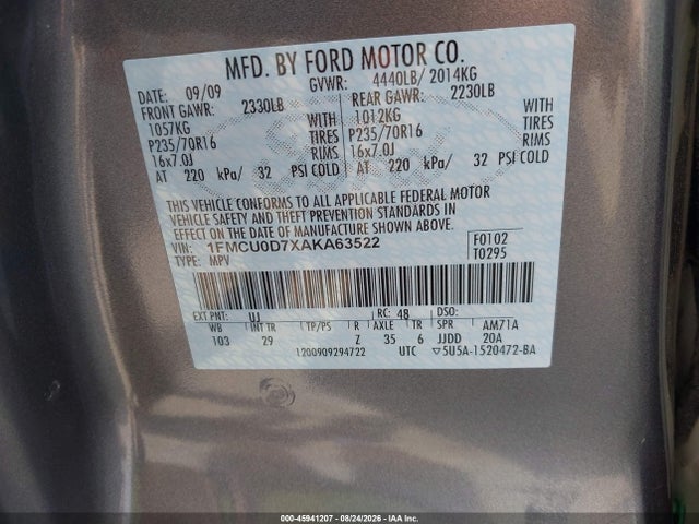 45941207 :رقم المزاد ، 1FMCU0D7XAKA63522 vin ، 2010 Ford Escape Xlt مزاد بيع