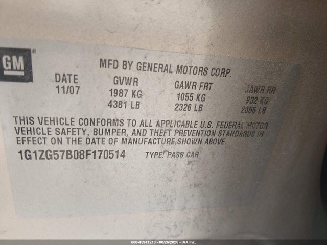 Продажа на аукционе авто 2008 Chevrolet Malibu Ls W/1ls, vin: 1G1ZG57B08F170514, номер лота: 45941210
