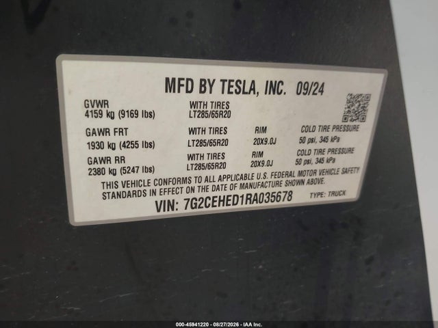 45941220 :رقم المزاد ، 7G2CEHED1RA035678 vin ، 2024 Tesla Cybertruck All-wheel Drive مزاد بيع