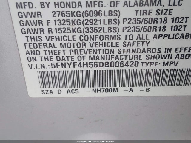 2013 Honda Pilot Ex-l მანქანა იყიდება აუქციონზე, vin: 5FNYF4H56DB006420, აუქციონის ნომერი: 45941225